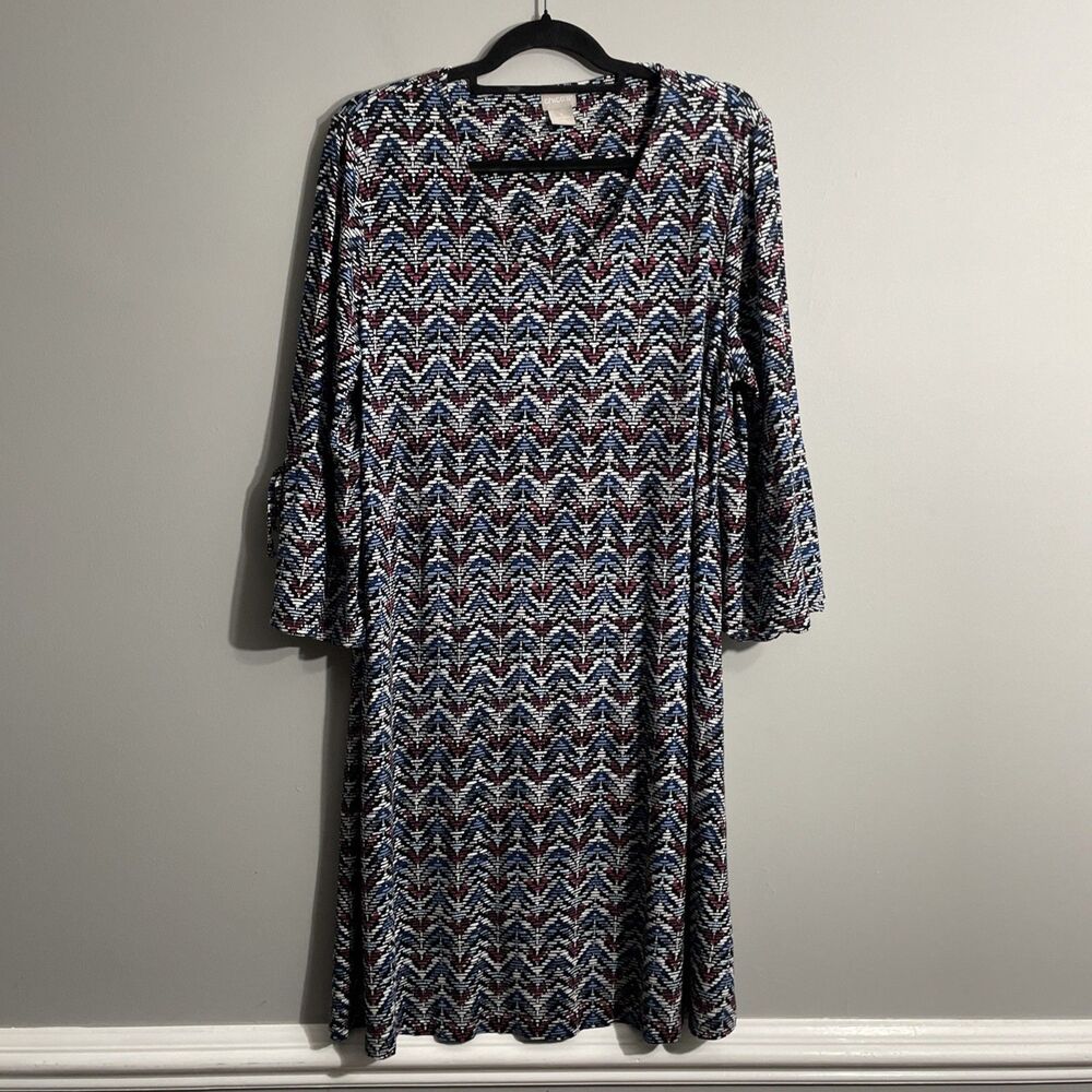 Chico’s Chevron Dress 16/18 Jersey Knit Bell Sleeve Flattering Easy Fit Chic
